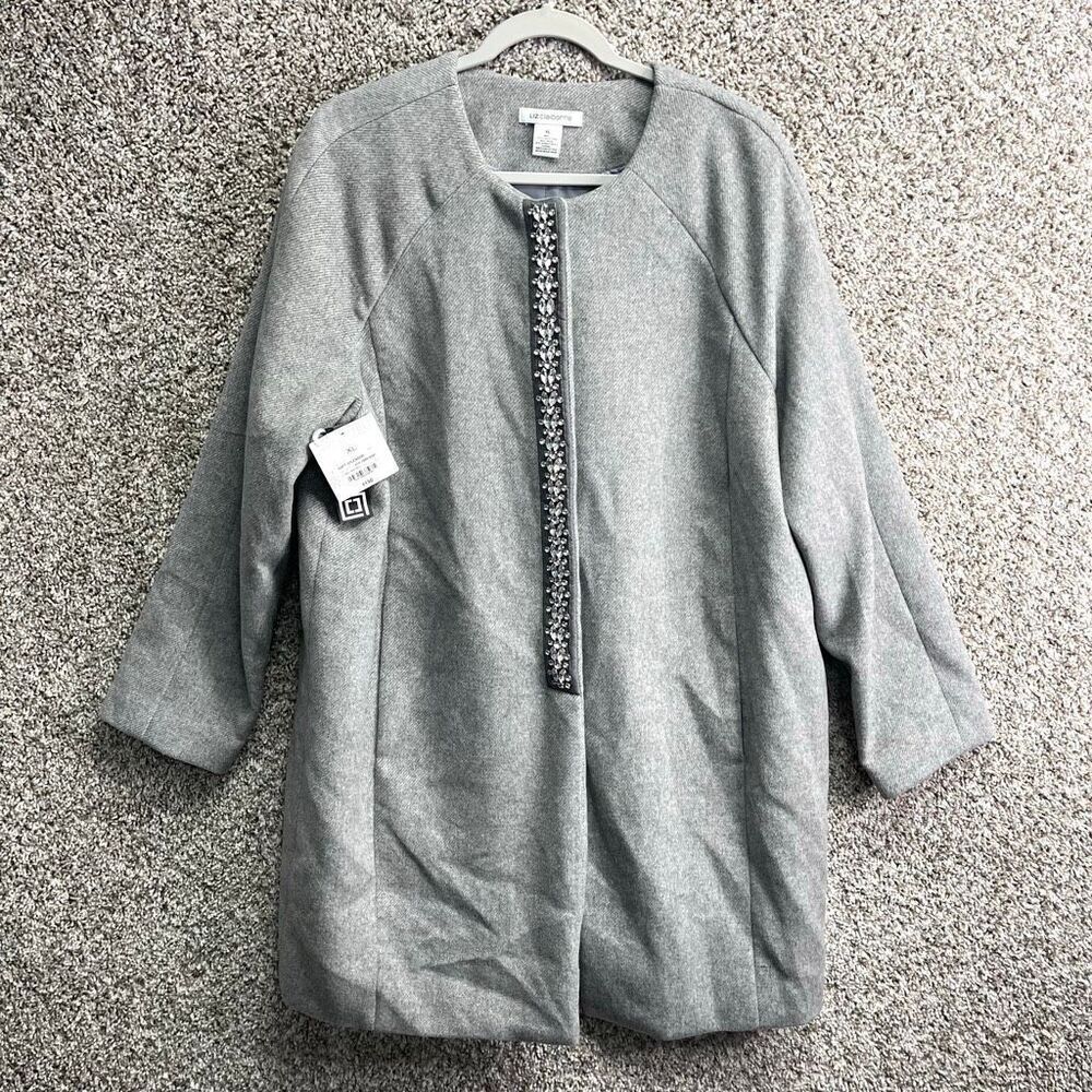 Liz Claiborne Coat Women’s XL Soft‎ Splendor Gray Wool Blend Rhinestone Trim NWT